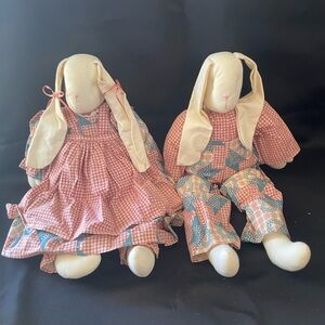 Vintage Folk Art Pink and Blue Checkered Bunny Dolls